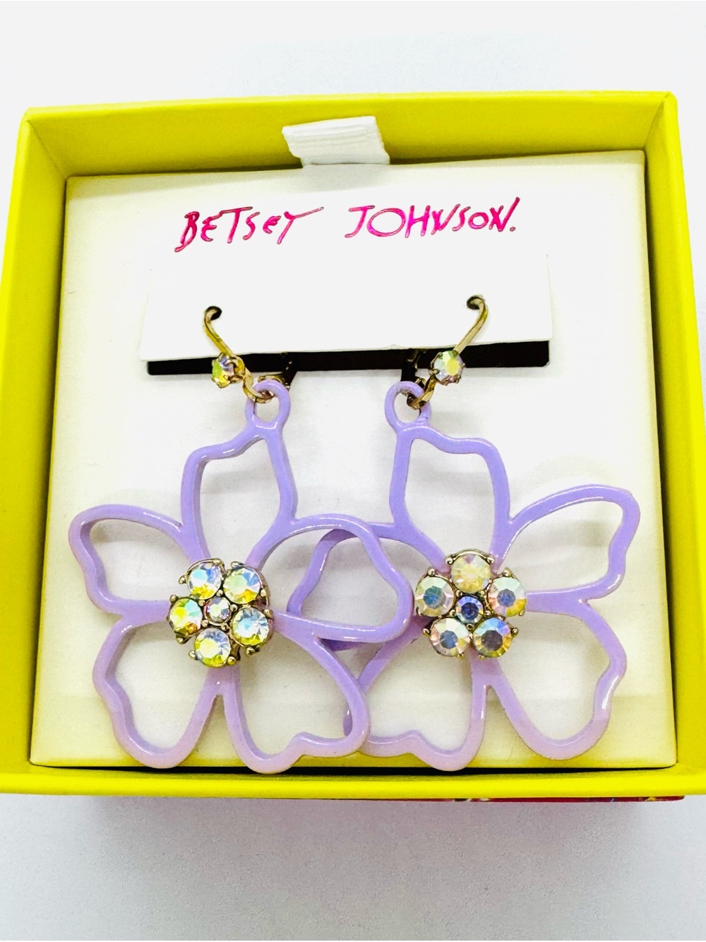 Betsey Johnson Pastel Purple Flower Dangle Earrings with Crystal Cluster